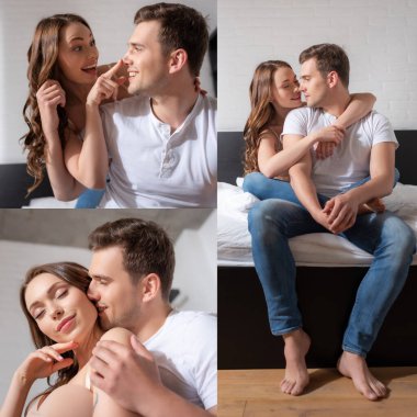 collage of cheerful woman hugging man, looking at each other and smiling in bedroom  clipart