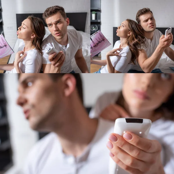 Collage Woman Holding Magazines Feeling Hot Using Remote Controller Boyfriend — Stock Photo, Image