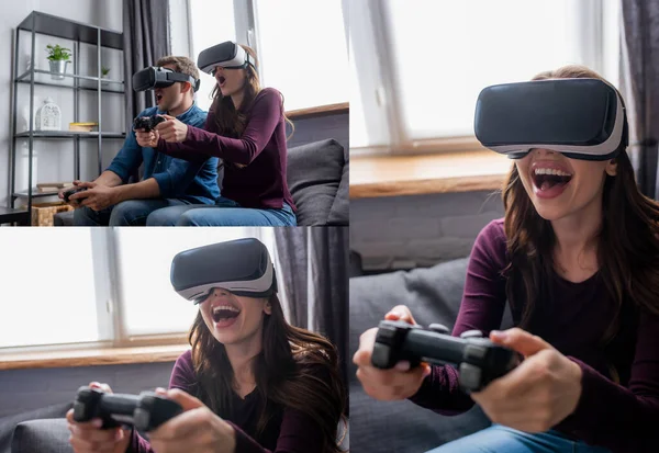 Kyiv Ukraine May 2020 Collage Emotional Couple Virtual Reality Headsets — Stock Photo, Image