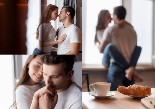 Collage Man Kissing Hand Happy Woman Breakfast Table — Stock Photo, Image