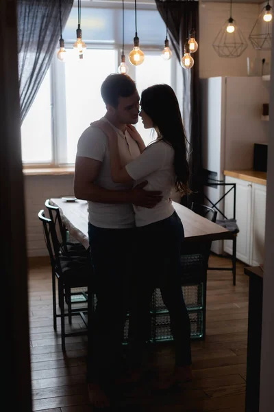 Donna Che Abbraccia Con Uomo Mentre Piedi Vicino Lampadine Cucina — Foto Stock