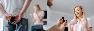 Arkanızdaki kutuda duran adamın kolajı ve akıllı telefonlu heyecanlı kıza evlenme teklif etmesi. 