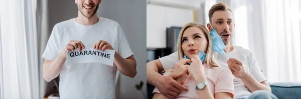 Colagem Homem Feliz Rasgando Papel Com Letras Quarentena Casal Tocando — Fotografia de Stock