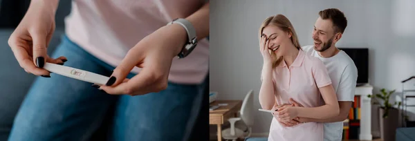 Collage Niña Celebración Prueba Embarazo Con Resultado Positivo Cerca Hombre — Foto de Stock