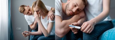 collage of sad man near frustrated girlfriend holding pregnancy test with negative result  clipart