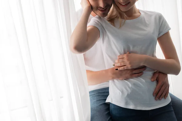 Cropped View Happy Man Embracing Cheerful Girl Home — Stock Photo, Image