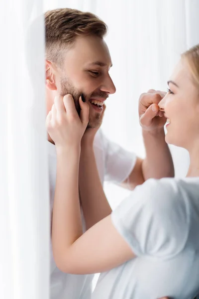 Side View Happy Man Touching Nose Cheerful Girl — Stock Photo, Image