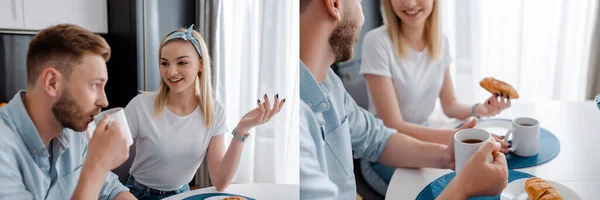 Collage Fille Heureuse Parler Avec Homme Boire Café Près Croissants — Photo