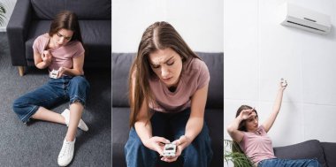 collage of woman suffering from heat and trying to switch on air conditioner with remote controller, website header clipart