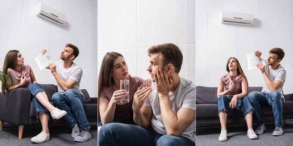 Colagem Com Casal Triste Com Controlador Remoto Casa Com Condicionado — Fotografia de Stock