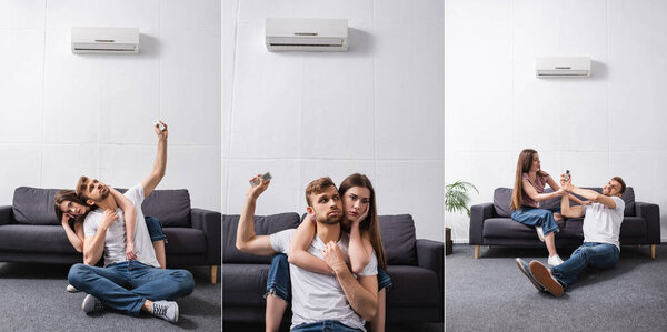 collage with sad couple sitting home with broken air conditioner, horizontal concept