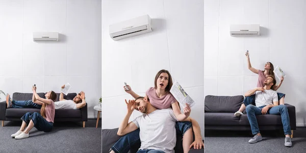 Collage Angry Couple Sitting Home Broken Air Conditioner Horizontal Concept — Stock Photo, Image