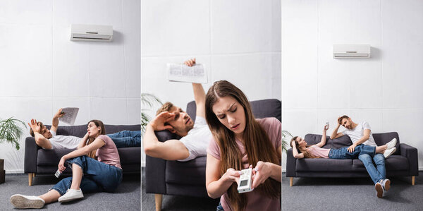collage with sad couple with remote controller suffering from heat at home with broken air conditioner 