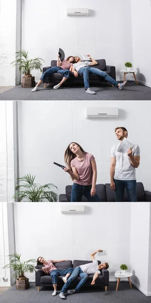 Collage Con Pareja Agotada Con Ventilador Mano Periódico Que Sufre —  Fotos de Stock