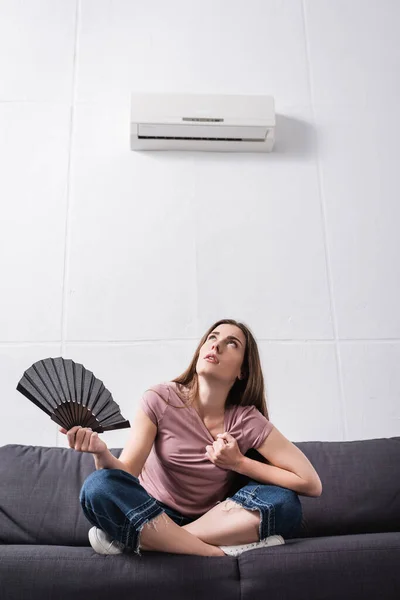 Young Woman Suffering Heat Using Hand Fan Home Broken Conditioner — Stock Photo, Image