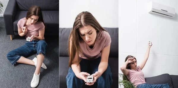 Colagem Mulher Que Sofre Calor Tentando Ligar Condicionado Com Controlador — Fotografia de Stock