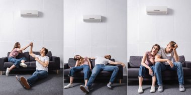 collage with tired couple suffering from heat while sitting home with broken air conditioner, panoramic concept clipart