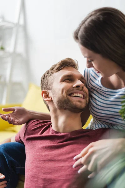 Happy Emotional Young Couple Hugging Home — Stock Photo, Image