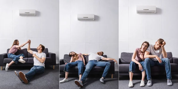 Colagem Com Casal Cansado Sofrendo Calor Enquanto Sentado Casa Com — Fotografia de Stock