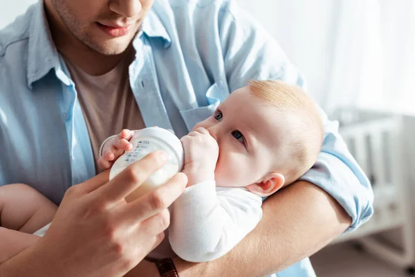 Cropped View Young Father Feeding Cute Baby Boy Milk Baby — Stock Photo, Image