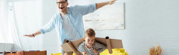 Panoramic Concept Happy Boy Carton Plane Wings Cheerful Father Having — Stock Photo, Image