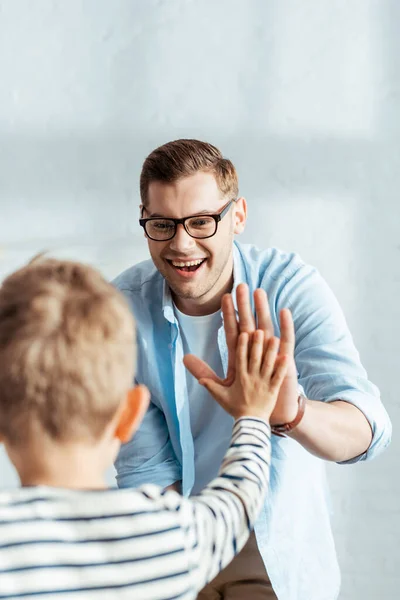 Back View Boy Giving High Five Happy Father — Stock Photo, Image