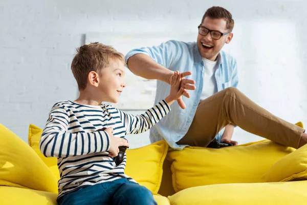 Kyiv Ukraine June 2020 Cute Boy Holding Joystick Giving High — Stock Photo, Image