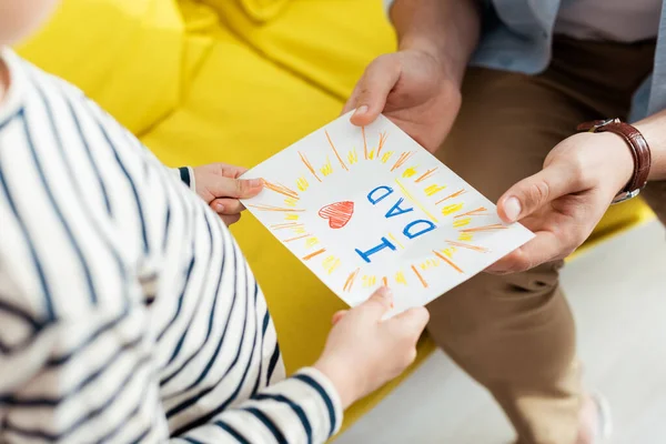 Cropped View Boy Presenting Fathers Day Greeting Card Lettering Heart — Stock Photo, Image