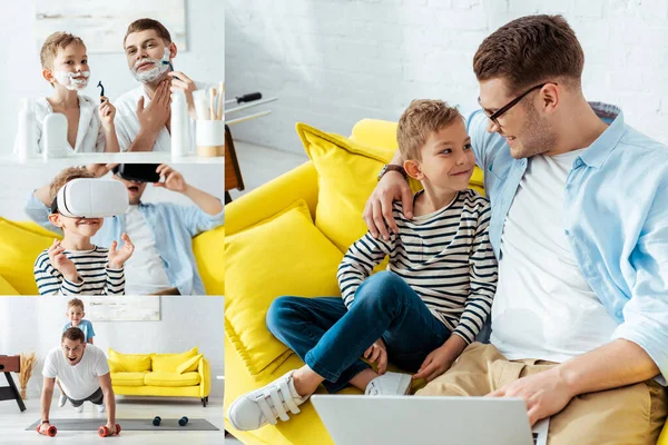 Collage Padre Hijo Usando Portátil Auriculares Afeitarse Ejercicio Casa — Foto de Stock