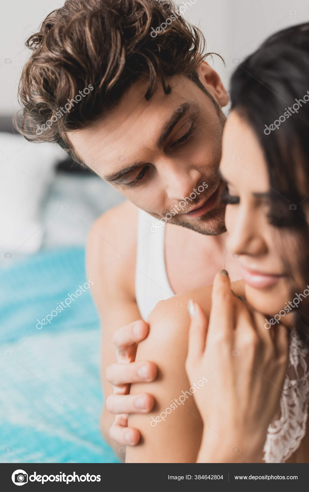 Selective Focus Handsome Man Touching Girlfriend Bedroom Stock