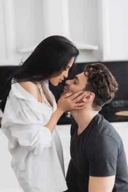 Evde gömlekli seksi bir kadının yakışıklı erkek arkadaşını öpmesi. 