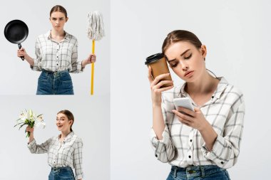 Kukla gibi poz veren çekici kız kolajı. Çiçekler, ev malzemeleri, akıllı telefon ve kağıt bardak. Gri üzerine izole edilmiş.