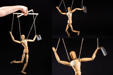cropped view of puppeteer and wooden marionette in tie isolated on black, collage clipart
