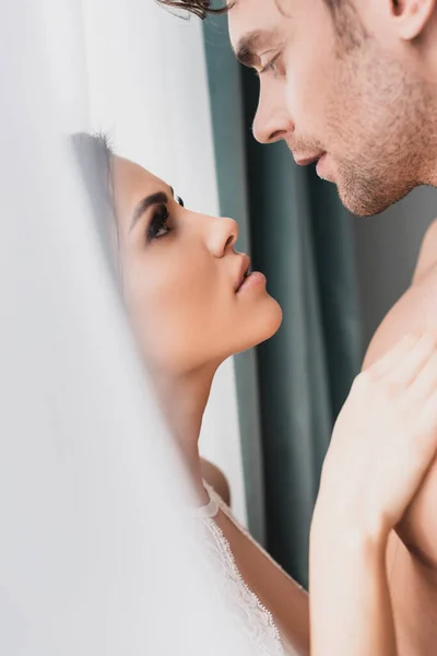 Selective Focus Beautiful Woman Touching Chest Muscular Boyfriend Window — Stock Photo, Image