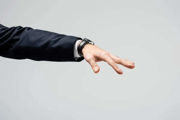 Καλλιεργημένη Άποψη Του Επιχειρηματία Χειραγώγηση Χέρι Απομονώνονται Γκρι — Φωτογραφία Αρχείου