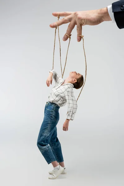 Cropped View Puppeteer Holding Marionette Strings Isolated Grey — Stock Photo, Image