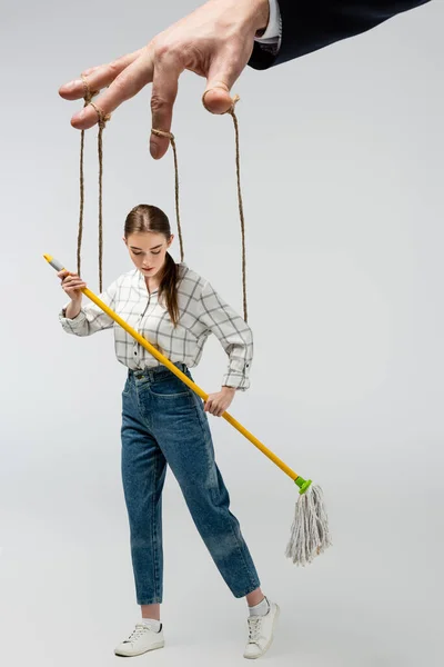 Cropped View Puppeteer Holding Marionette Strings Isolated Grey — Stock Photo, Image
