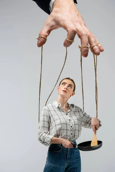 Cropped View Puppeteer Manipulating Girl Frying Pan Isolated Grey — Stock Photo, Image