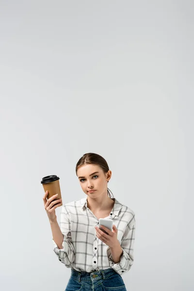 Skeptical Girl Smartphone Coffee Isolated Grey — Stock Photo, Image