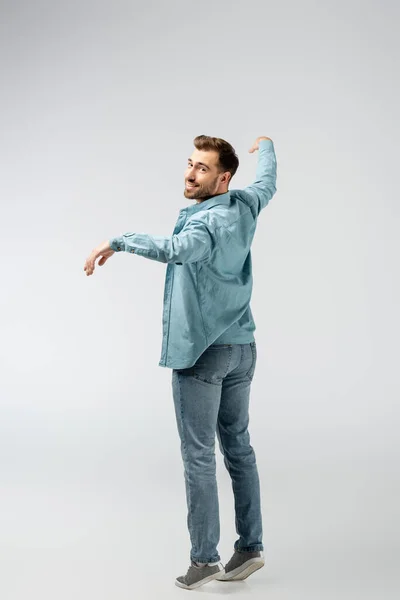 Young Man Posing Puppet Isolated Grey — Stock Photo, Image