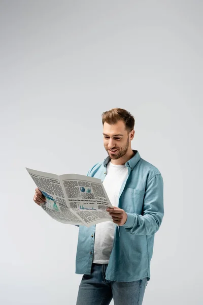 Smiling Young Man Reading Newspaper Isolated Grey — Stock Photo, Image