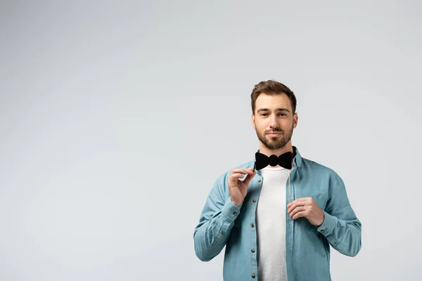 Young Man Fake Bow Tie Stick Isolated Grey — Stock Photo, Image