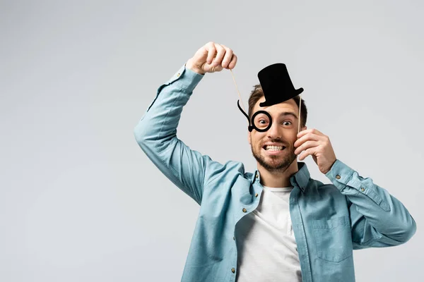 Funny Young Man Fake Hat Pince Nez Isolated Grey — Stock Photo, Image