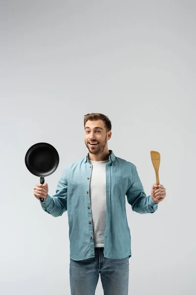 Happy Young Man Frying Pan Spatula Isolated Grey — Stock Photo, Image