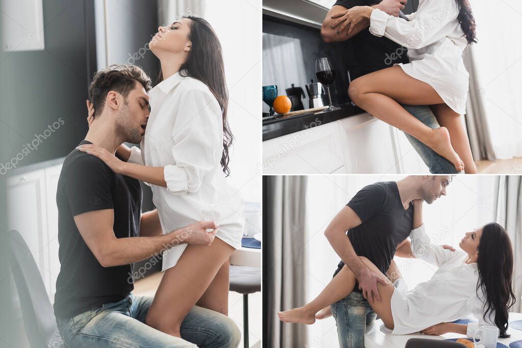 Collage of handsome man kissing and hugging sensual girlfriend in shirt in kitchen 