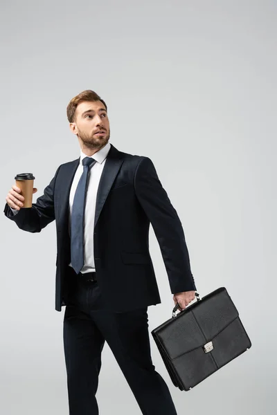 Businessman Leather Suitcase Paper Cup Looking Away Isolated Grey — Stock Photo, Image