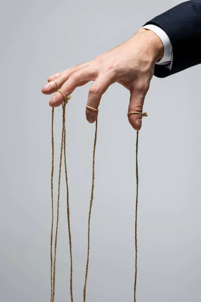 Partial View Puppeteer Suit Strings Fingers Isolated Grey — Stock Photo, Image