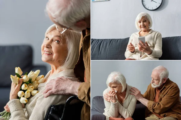 collage of senior disabled woman with tulips, using smartphone, and man touching shoulder of crying wife