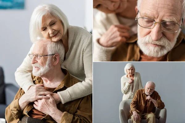 Collage Senior Woman Hugging Disabled Husband Standing Him Diseased Dementia — Stock Photo, Image