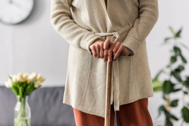 cropped view of senior woman standing with walking stick at home clipart